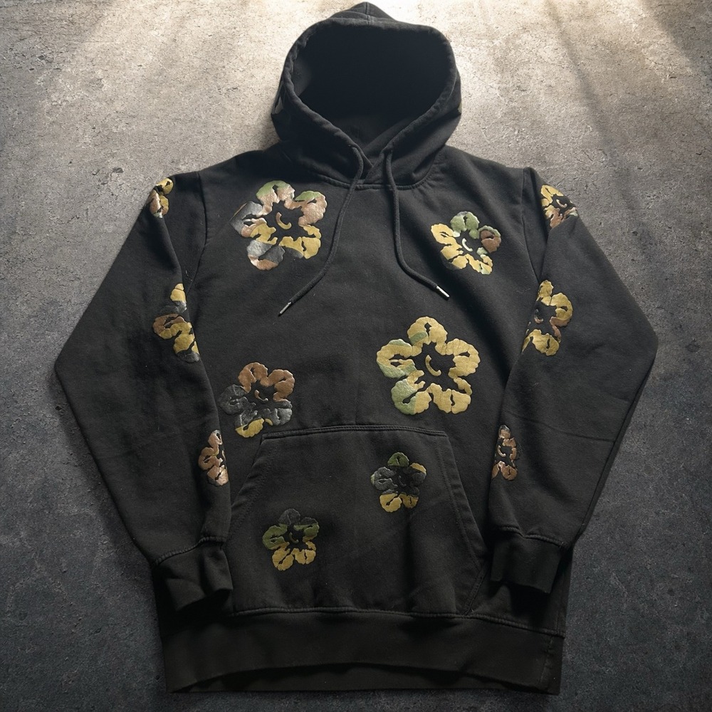 FWHD Denim Flower Camo Puff Print Hoodie Black Medium Streetwear Y2K